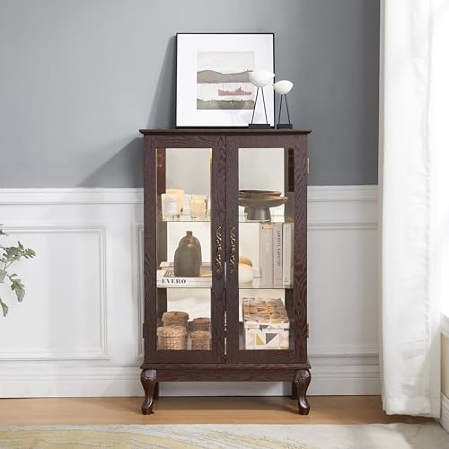 Image of 43 inch H Lighted Curio Cabinet Display Case, Glass Curio Cabinet with Adjustable Shelves and Tempered Glass Door, Wooden Cabinets w /Mirrored Back Pane for Living Room (Dark Cherry)