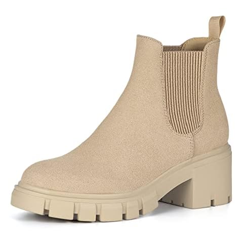 Athlefit Women's Chelsea Boots Fashion Lug Sole Chunky Heel Slip on Elastic Ankle Nude Booties Size 7.5 Cover