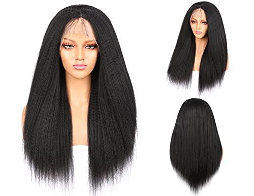 Vearda Kinky Straight Lace Front Wig for Black Women T Part Lace Wig with Baby Hair 180% Density 24 Inch Yaki Straight Wig for Women Daily Party Use