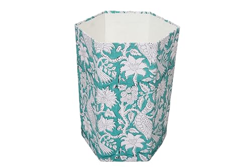 Image of 3.3 Gallon Cotton Hand Block Printed Paper Waste Basket |Small Decorative Trash Can for Housewarming Gifts in Living Room, Bedroom, Bathroom | Eco-Friendly, Plastic-Free (1, L, Green White MOR)