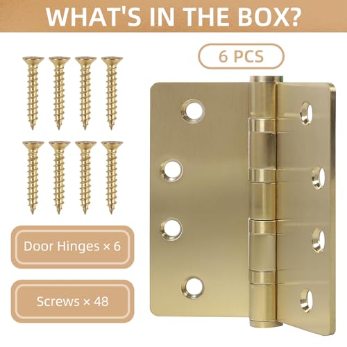 6 Pack Gold Ball Bearing Door Hinges, 4.0 x 4.0 Inches Heavy-Duty Stainless Steel Door Hinges for Exterior & Interior Doors, 1/4" Radius Corners by LITLANDSTAR - Used condition - Image 2