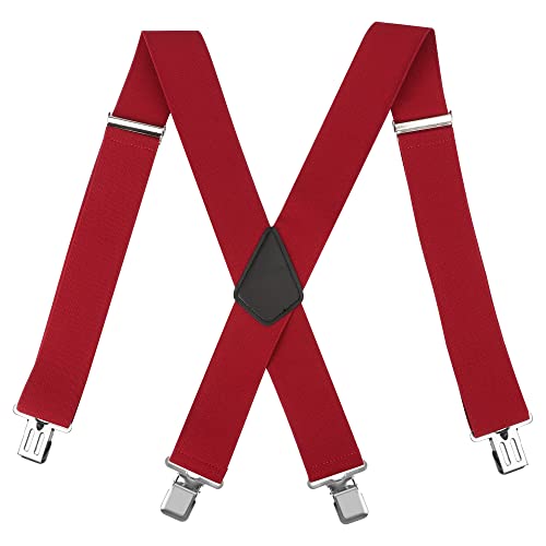 LoonTien BroCloth Men's Braces - Elastic Adjustable X Shape With Clips, Heavy Duty (Red)