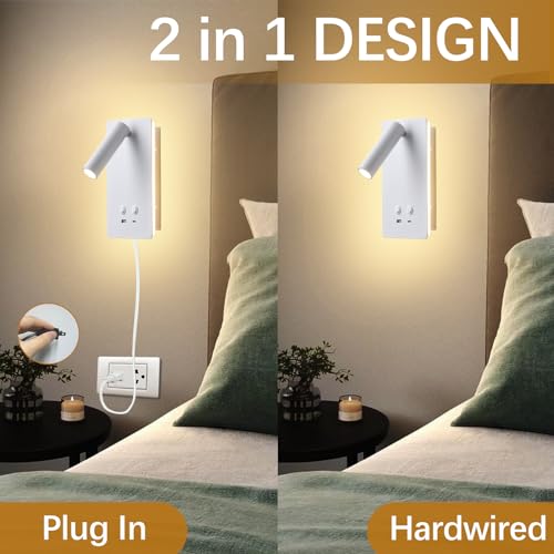 MOLUOLA LED Wall Lamp Wall Mounted Reading Lights, Adjustable Headboard Plug in Wall Sconce with USB C+A Ports, Headboard Bedside Lamp with 9W+3W Night Light 3000K (White) - Cosy Home Interiors MOLUOLA LED Wall Lamp Wall Mounted Reading Lights, Adjustable Headboard Plug in Wall Sconce with USB C+A Ports, Headboard Bedside Lamp with 9W+3W Night Light 3000K (White) - Image 2