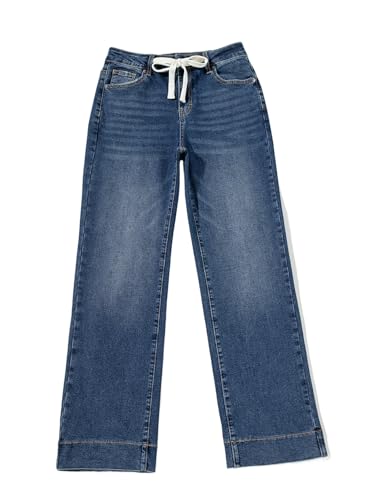Sidefeel Women's Drawstring Straight Leg Western Outfit High Waisted Wide Leg Denim Pants Dark Blue Size 8