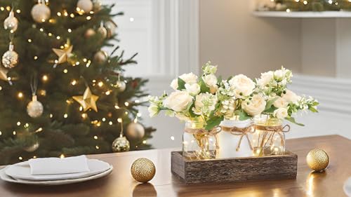 Mkono Mason Jar Lights Centerpiece Table Decor for Dining Room Farmhouse Wood Tray with 3 Jars Flowers Valentines Day Decoration for Coffee Table Kitchen Living Room Wedding - Image 3