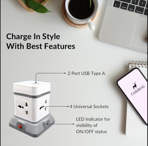 Image of Caribou CBU-34 Cube Extension Board with USB 2.4A | 4 Universal Sockets| Overload Protector | Led Indicator| 2.0 mtr ISI Approved Extension | Multi-Plug| Made in India | 3pin Plug | Travel Adapter