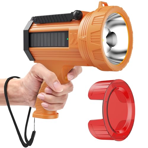 BUYSIGHT Rechargeable Spotlight Flashlight, 1000,000 lumens 600 Yards Range Solar Charge Hand held Large flashlights with red Lens Side Flood Light Warning Light USB C Input (Solar Orange)