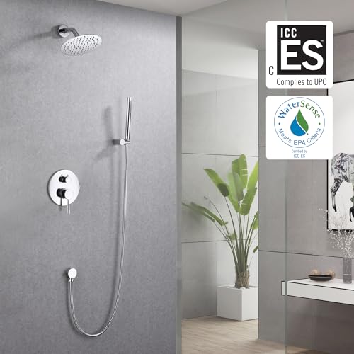 Image of SUMERAIN Bathroom Rain Shower System with 8 inch Rain Shower Head | Wall Mounted, Brass Hand Shower, Rough in Valve Included, Concealed Box Design, Easy to Maintain and Install