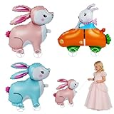 3Pcs Easter Walking Bunny Balloons With Wheels for Kids, Pull Along Walking Bunny Foil Balloons for Easter Birthday Party Favors, Self-Standing Walking Balloon Animals Decorations Gift Supplies