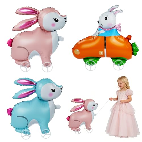 3Pcs Easter Walking Bunny Balloons With Wheels for Kids Pull Along Walking Bunny Foil Balloons for Easter Birthday Party Favors Self-Standing Walking Balloon Animals Decorations Gift Supplies