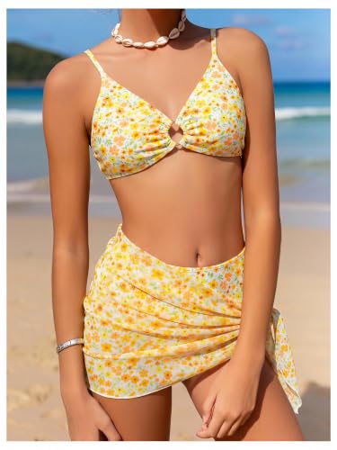 Image of OYOANGLE Girl's 3 Piece Bikini Sets Floral Print Spaghetti Straps Cute Swimsuits with Beach Skirt Bathing Suits
