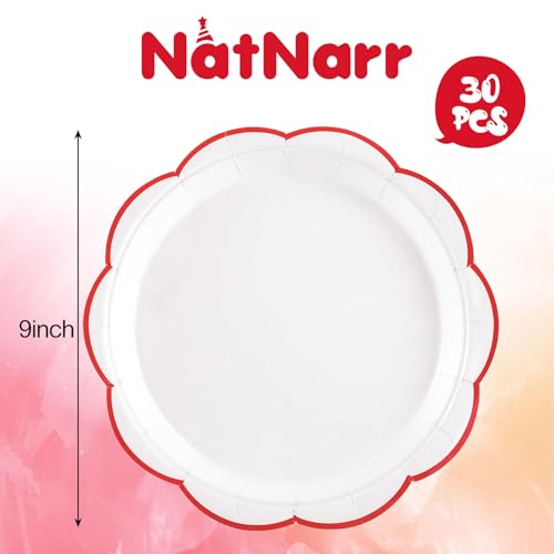 Image of NatNarr 30 Pcs Red and White Paper Plates 9 Inch White Plates with Red Trim | Scalloped Picnic Plate Disposable Dinner Plate for BBQ, Baby Shower, Wedding, Bridal Shower, Birthday