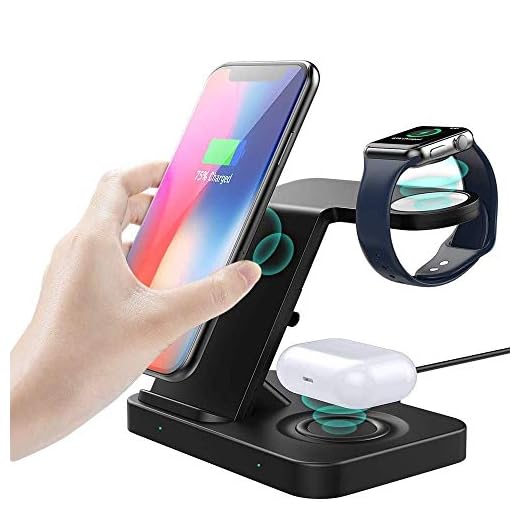 MoKo 3-i-1 trådlöst laddningsstativ kompatibelt med iPhone & iWatch och AirPods, iPhone 12/12 Pro Max/11/11 Pro/Pro trådlös laddare, Apple Watch SE/6/5/4/3/2/1 trådlös laddningsdyna, Qi-certifierad telefon