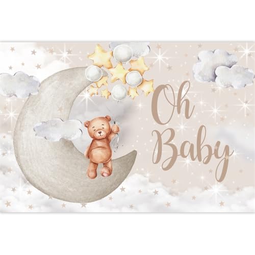 Oh Baby Bear Backdrop for Gender Reveal Party Decorations Brown Bear Sitting on Moon Stars Cloud Background for Baby Shower Photo Studio Supplies Vinyl 7x5ft by ChloropLastid - Image 3