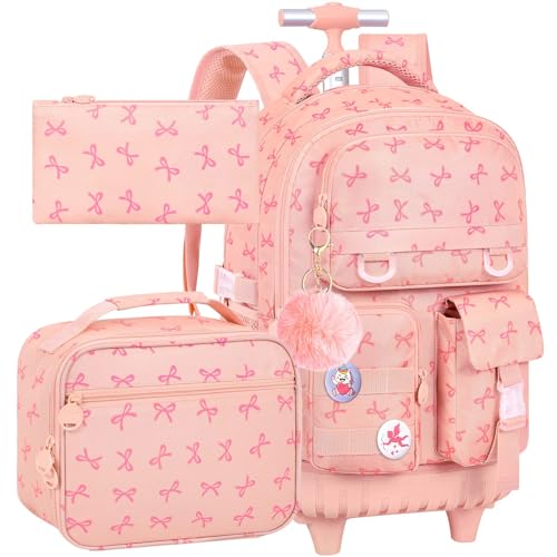 WZLVO 3PCS Rolling Backpack for Girls Water Resistance Roller Bookbag Women Aesthetic Wheeled School Bag Set with Lunch Box & Pencil Bag for Teens & Kids - Pink Bow