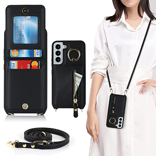 Jaorty Samsung Galaxy S22 5G Phone Case For Women With Card Holder,Samsung S22 Case Wallet Crossbody Lanyard With Strap,Credit Card Slots Kickstand Case With Ring Holder,6.1 Inch,Black #TOP9