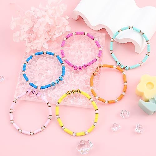 Colorful Smiley Face Fruit Beaded Bracelets for Women Rainbow Stretch Clay Preppy Bracelets Y2k Heishi Surfer Stackable Bracelet Set Handmade Summer Beach Party Jewelry Gift3