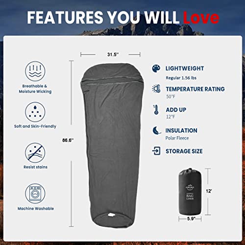 Omvmo 50°F Polar Fleece Mummy Sleeping Bag Liner & Travel Sheets For Adults,Adds Up 12°F To Sleeping Bag,Perfect For Hotel Traveling Camping .Regular #TOP1
