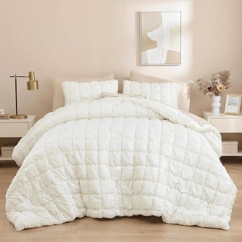 JANZAA Queen Comforter Set, Cream White Comforter with...