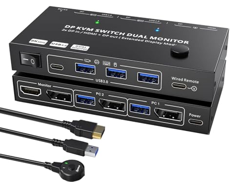 Image of MST Displayport Splitter KVM Switch Dual Monitor 2 Monitors 2 Computers | 2 Port DisPlayport 2 In 2 Out 1 DP IN 2 Screens OUT Max Single 8K@30Hz /Dual 4K@100Hz USB 3.0 with Wired Remote Controller