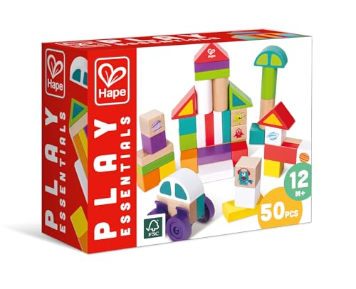Image of Hape: Space Monster Stacking Blocks - 54pc Wooden Colorful Various Shapes Set, Wheels to Build A Car, Stack & Play Toy, Kids, Toddlers & Baby Ages 1+