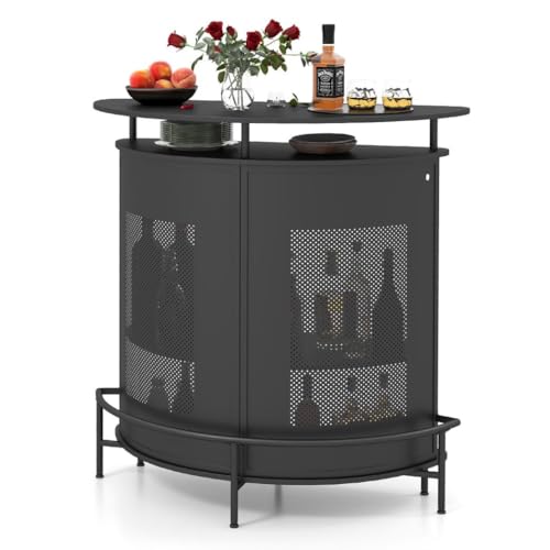 TANGZON 4-Tier Liquor Bar Table Metal Frame Wine Bar Cabinet with 3/6 Glass Holders Adjustable Foot Pads & Footrest Freestanding Wine Rack Table for Home Kitchen Bistro Cafe (Half Round)