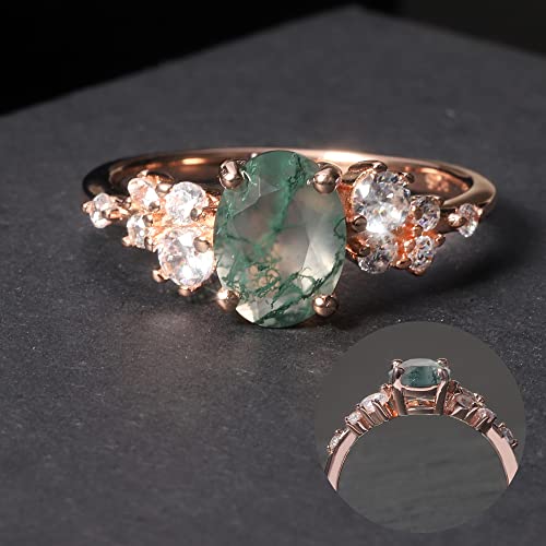 Gem's Beauty Birthday Gifts For Her 1.18Ct Oval Cut Moss Agate There Stone Engagement Ring In 925 Sterling Silver Women's Gold Ring(Size6) #TOP6