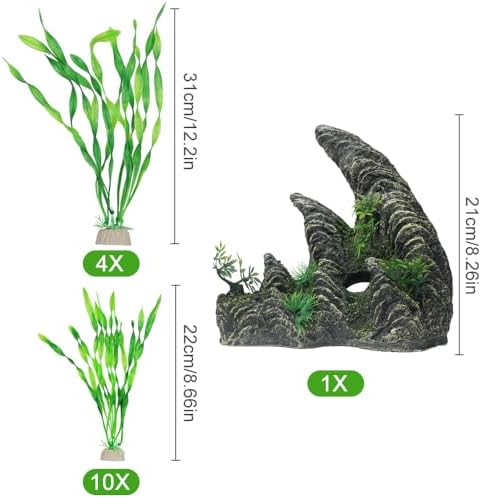 BEGONDIS 15 Pcs Aquarium Ornament Rock Cave Landscape, Green Seaweed Plastic Aquarium Ornament Aquatic Decoration Fish Tank Marine Decor Ornaments (Hill)