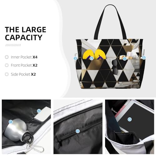 (Fashion Modern Black White Gold Triangles) Large Beach Tote Bag for Women Waterproof Sandproof Travel Shoulder Bag with Pocket for Pool Vacation Weekend Gym3