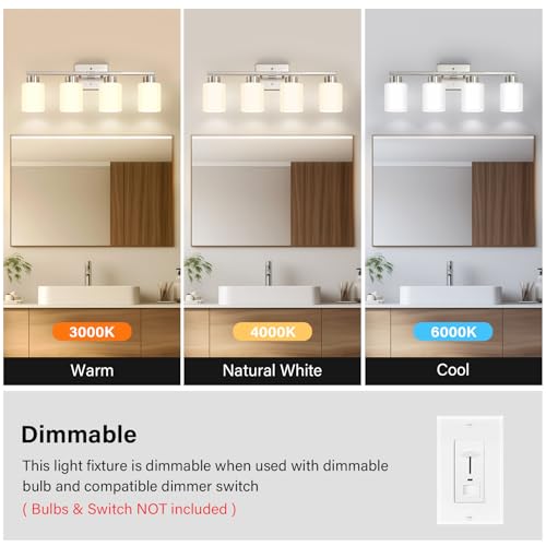 Image of FonmYim Brushed Nickel Bathroom Light Fixtures, 4-Light Modern Vanity Light Over Mirror, Wall Sconces with Milky White Frosted Glass Shades, E26 Socket (Bulbs Not Included)
