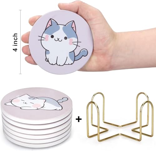 Image of Cute Cats Coasters Set of 6 Catties Lover Gift Coasters with Holder for Table Drink Coaster Cat Themed Gifts Kawaii Anime Decor Office Desk Beverage Fun Cool Bar Cup