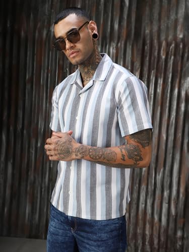Image of High Star Men Strip Cotton Relaxed Fit Collar Short Sleeve Shirts 36