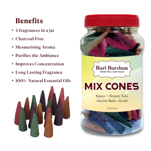 Image of Hari Darshan Mix Dhoop Cones for Pooja with Traditional Chemical-Free - Kapur Shyam Tulsi Kacha Bela Oudh - Long Lasting Natural Aroma Dhoop Cone Set - Pack of 2 Jars, 120 Cones Each (Total 240 Cones)
