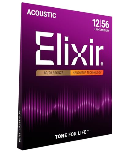 Elixir Cuerdas de guitarra acústica Strings de bronce en proporción 80/20 con recubrimiento NANOWEB, calibre ligero/mediano (.012-.056)