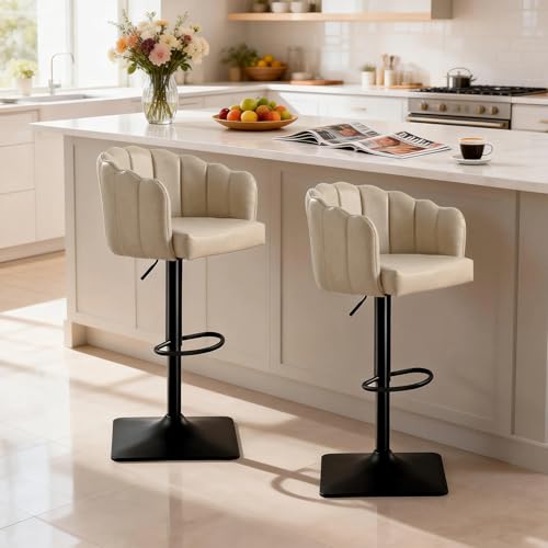 Butacos giratorios ajustables de altura (24,8" a 32,7") con tapizado en poliuretano para barra o isla de cocina, color negro y beige, set de 2 miniatura 6