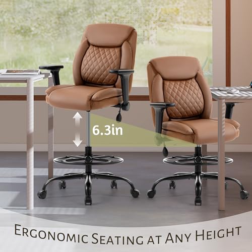 Image of Drafting Chair,Executive Tall Office Chair Flip-up Armrests for Counter Height Desk Drawing Use,High Task Chair with Adjustable Foot Ring & Inflatable Lumbar Support, Swivel Computer Stool,PU Brown