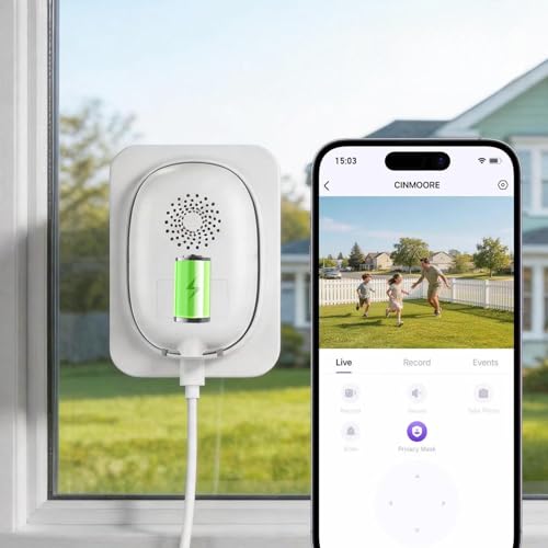 CINMOORE No Drill Window Security Camera, 2.5K 4MP Wireless/Wired WiFi Indoor/Outdoor Camera, Free AI Human/Vehicle/Pet Detection, 5000mAh Battery or Plug-in Power, Full Duplex Audio, 24/7 Recording