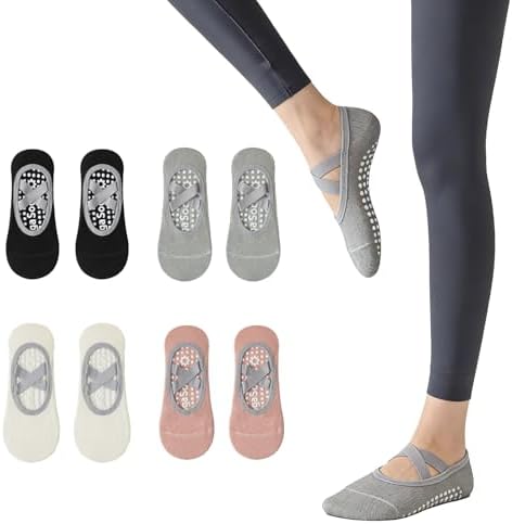 4 Pairs Yoga Socks for WomenNon,Slip Pilates Socks with Silicone Grip - for Yoga, Barre, Workout & Hospital