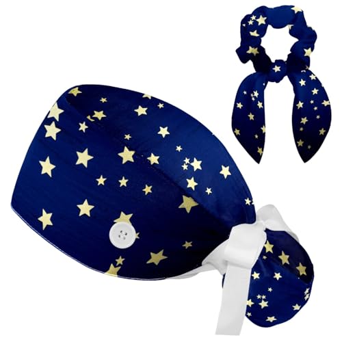 Women's Working Caps Bouffant Surgical Cap with Bow Scrunchies Little Daisy Art Paint Ponytail Holder Tie Back Scrub Hat