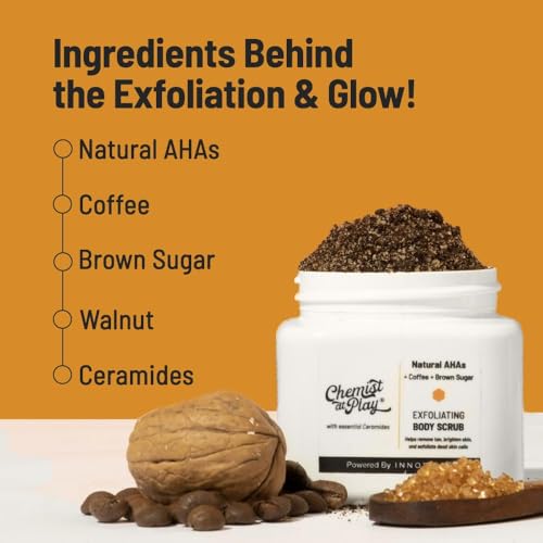 Image of Chemist At Play Exfoliating Body Scrub For Removing Tan & Dead Skin Cells + Gentle Exfoliating Face Scrub with Mandelic Acid & Walnuts | Removes Dead Skin & Blackheads | Smooth, Soft & Bright Care | Natural AHAs | 75g + 100ml