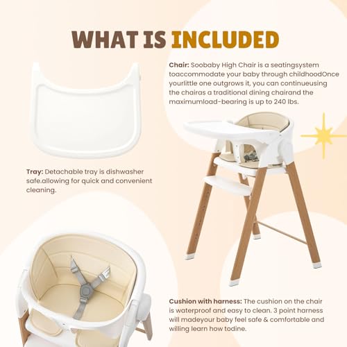 Image of Convertible High Chairs for Babies & Toddlers. 5-in-1 Adjustable High Chair with Removable Tray, Easy to Clean, Portable (Khaki)