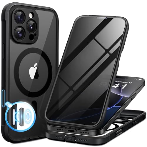 BERFY for iPhone 16 Pro Max Case Compatible with MagSafe Built-in Privacy Screen Protector Camera Protection Shockproof Full Body Phone Case 6.9 Clear Black