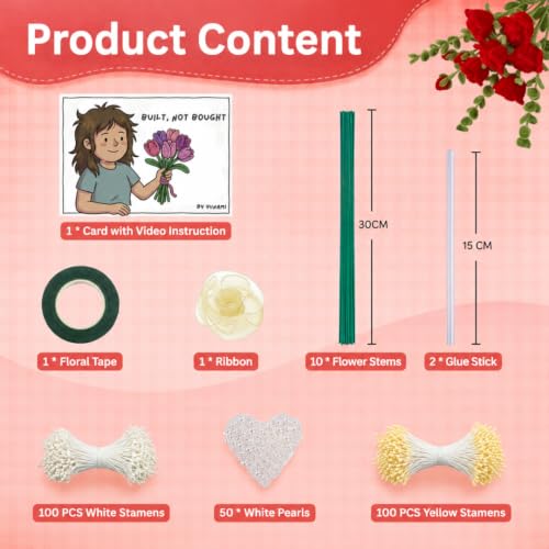 Image of YUNAMI Chenille Stems for DIY Flower Making - 200 Pcs Pipe Cleaners with Floral Wire, Tape, Stamen & Pearls - Premium Bouquet Supplies for Home Decor & Gifting (200, red)