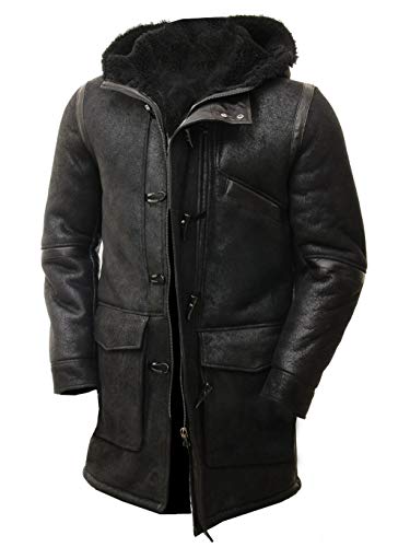 Duffle Sheepskin Leather Jacket for Men Artificial Fur Hooded Coat Black Toggle Button2