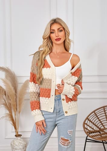 ECOWISH Women's Cropped Cardigan Sweaters 2025 Fall Striped Color Block Long Sleeve Button Up Knit Sweater Y2k Coats2