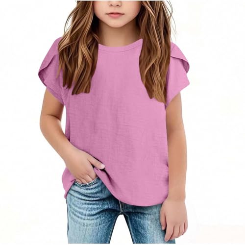 Tween Girls Summer Short Sleeve 2025 Casual T-Shirts Kids Fashion Petal Sleeve T Shirts Cotton Linen Holiday Clothes