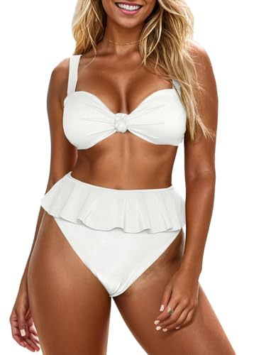 Saodimallsu Womens 2 Piece High Waisted Swimsuit Ruffle Bikini Sets Twist Knot Ribbed Bathing Suits