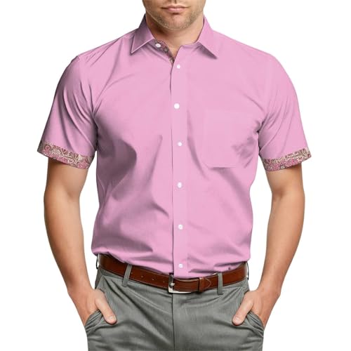 Bauzuoyo Camisa informal de negocios para hombre, elegante camisa de manga corta con estampado de cachemira en contraste, camisa informal de verano para bodas, bailes de graduación y ocasiones
