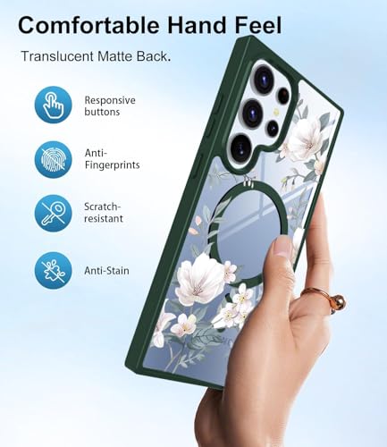Image of VONZEE Compatible with Samsung Galaxy S25 Ultra 5G Case Luxury Retro Flowers Floral Clear for Magnetic Wireless Charging Case Shockproof Case PC+TPU Cute Glossy Shiny Cover for Girls Women, Green
