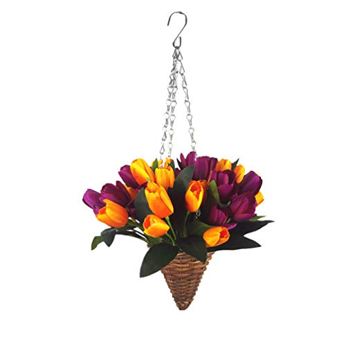 Mynse Fully Assembled Hanging Wicker Basket Cone Artificial Tulips Flower For Balcony Home Decortaion, Purple And Orange #TOP8